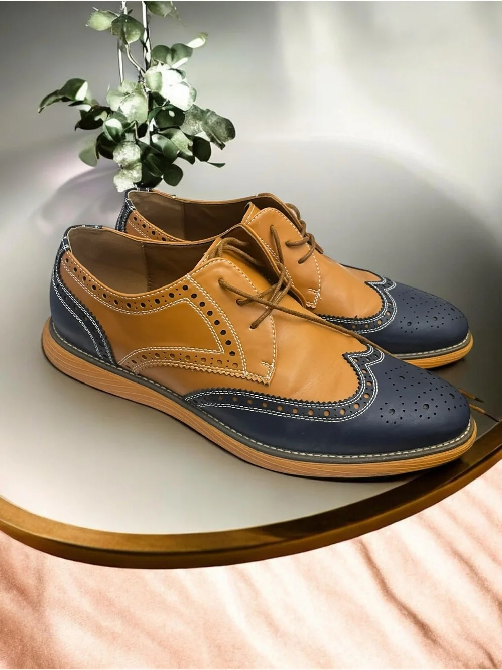 Men's Meijiana Two-Tone Wingtip Oxford Brogue - Tan & Navy
